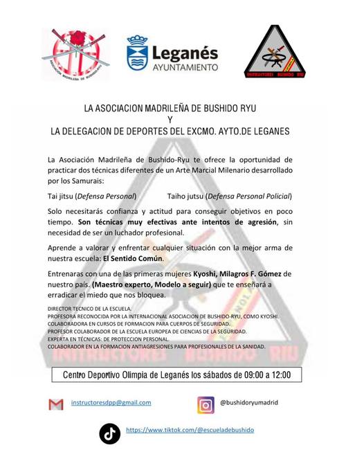 Folleto de la Asociación Madrileña de Bushido-Ryu junto a la Delegación de Deportes del Ayuntamiento de Leganés